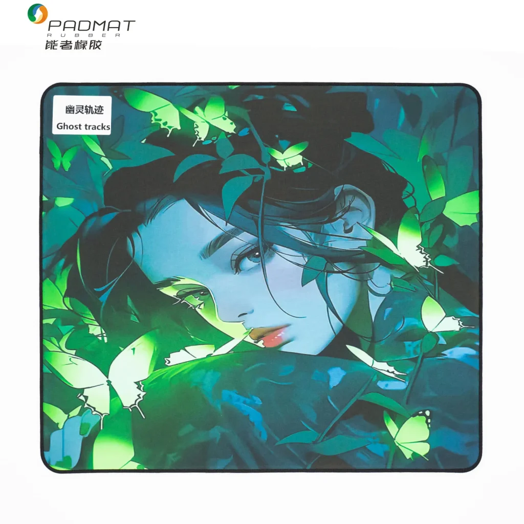 Ghost Tracks light-sensitive gaming mouse pad with natural rubber base, anti-slip texture, OEM/ODM custom surface printing
