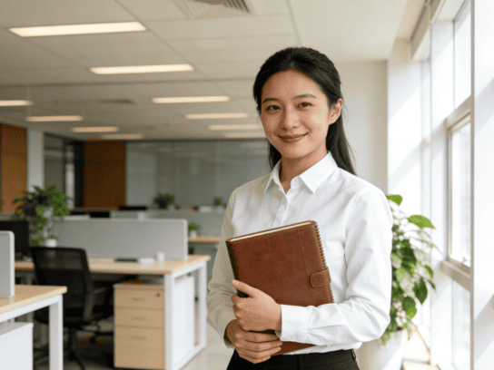 Professional mouse pad manufacturer office scene: businesswoman with notebook, symbolizing efficiency and reliable brand image.